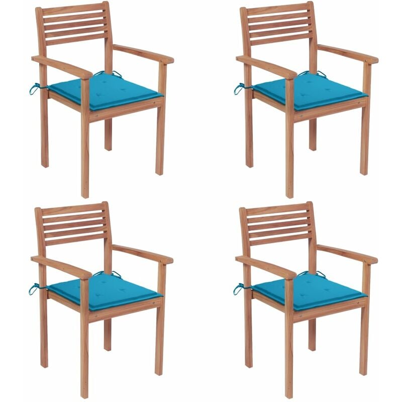 

Sillas de jardín 4 uds madera maciza de teca con cojines azules