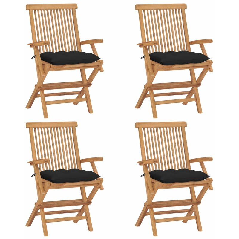 

Sillas de jardín 4 uds madera maciza de teca con cojines negros