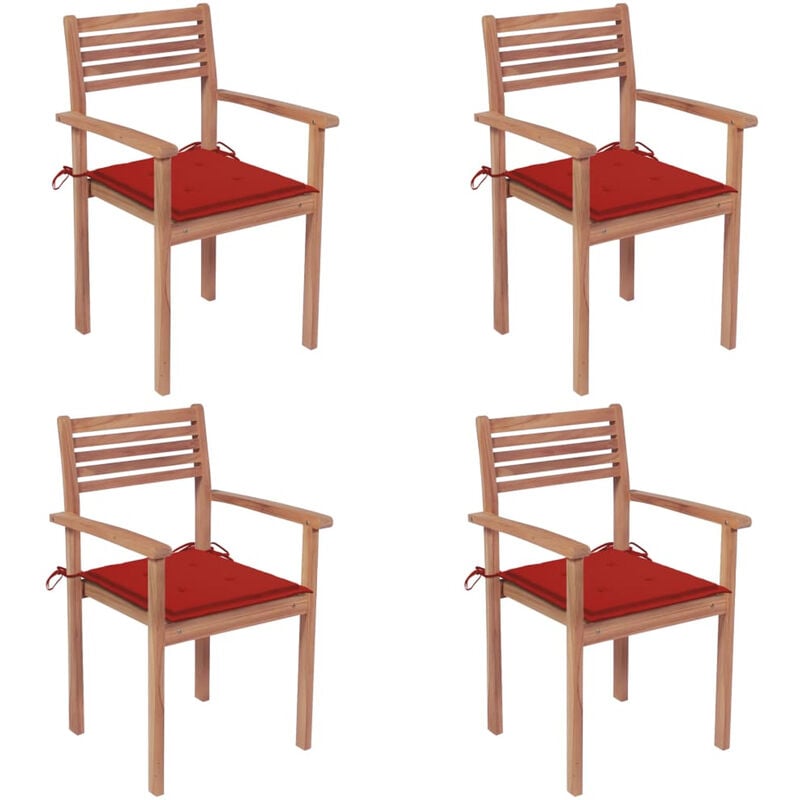 

Sillas de jardin 4 uds madera maciza de teca con cojines rojos