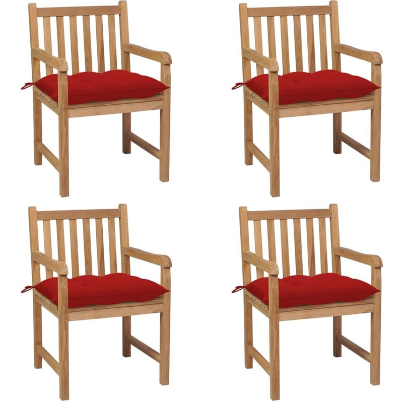 

Sillas de jardin 4 uds madera maciza de teca con cojines rojos