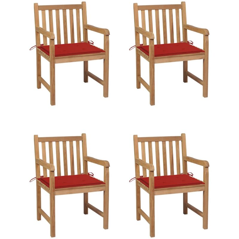 

Sillas de jardín 4 uds madera maciza de teca con cojines rojos
