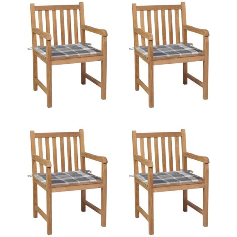 Sillas de jardín 4 uds madera maciza teca cojines cuadros gris vidaXL