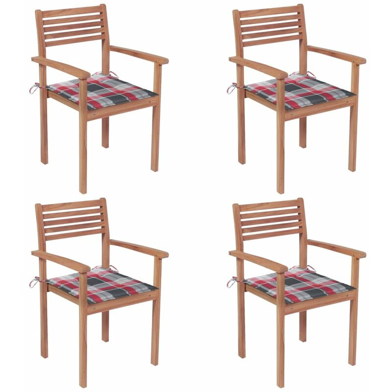 

Sillas de jardin 4 uds madera maciza teca cojines cuadros rojos