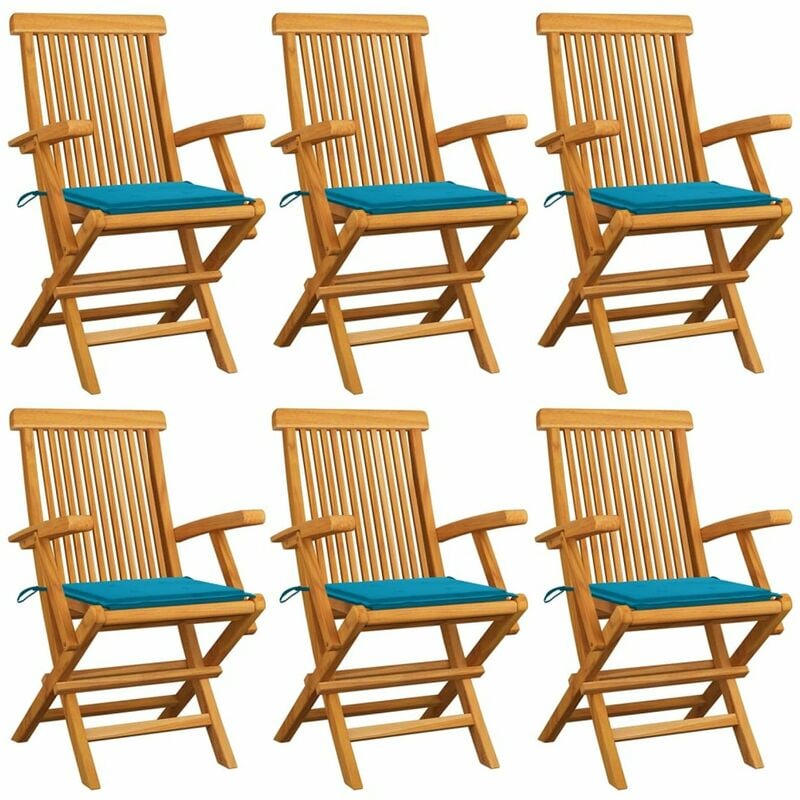 

Sillas de jardin 6 uds con cojines azules madera de teca