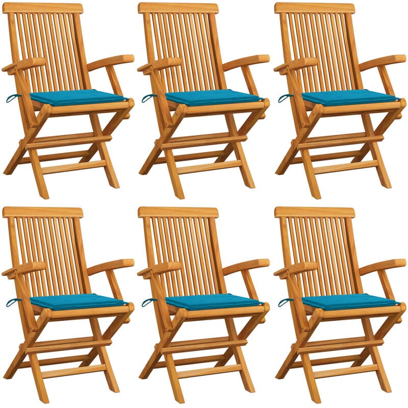 

Sillas de jardín 6 uds con cojines azules madera de teca