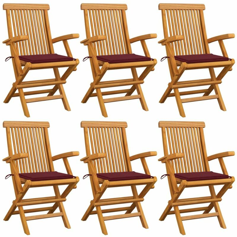

Sillas de jardin 6 uds con cojines rojo tinto madera de teca