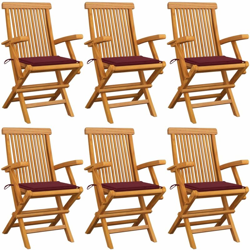 

Sillas de jardín 6 uds con cojines rojo tinto madera de teca