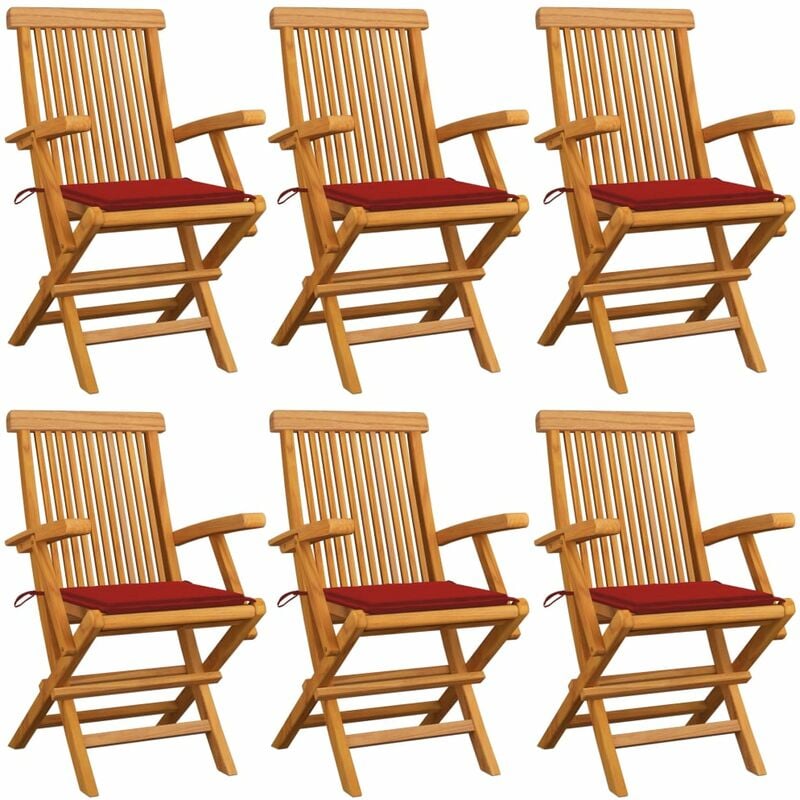 

Sillas de jardín 6 uds con cojines rojos madera de teca