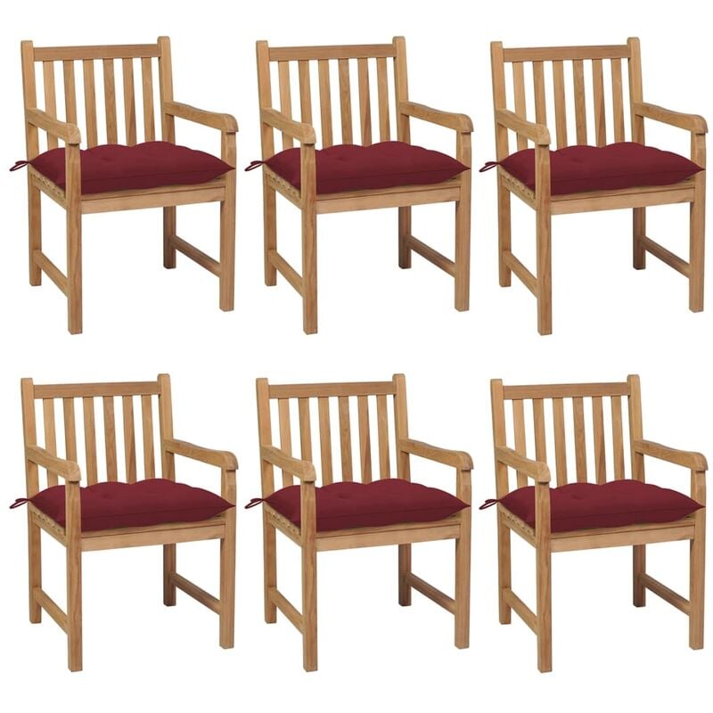 

Sillas de jardín 6 uds madera maciza de teca cojines rojo tinto