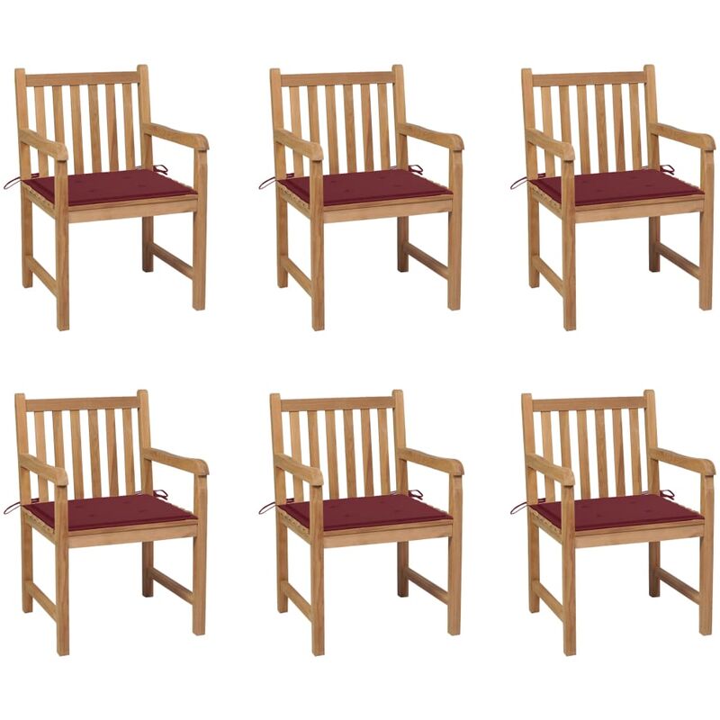 

Sillas de jardín 6 uds madera maciza de teca cojines rojo tinto