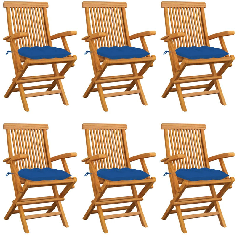 

Sillas de jardin 6 uds madera maciza de teca con cojines azules
