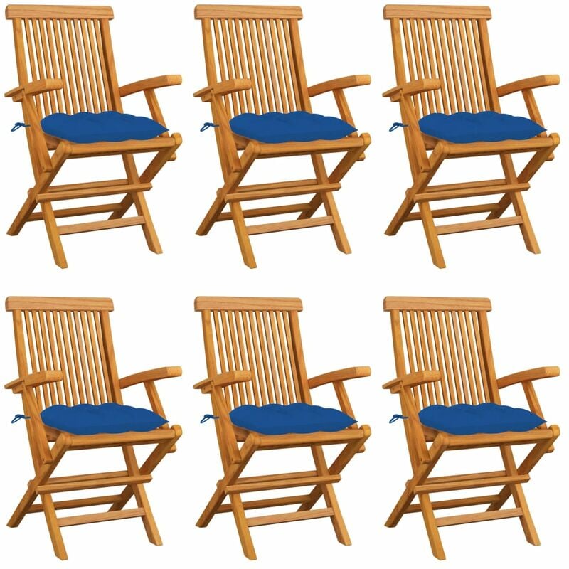 

Sillas de jardín 6 uds madera maciza de teca con cojines azules