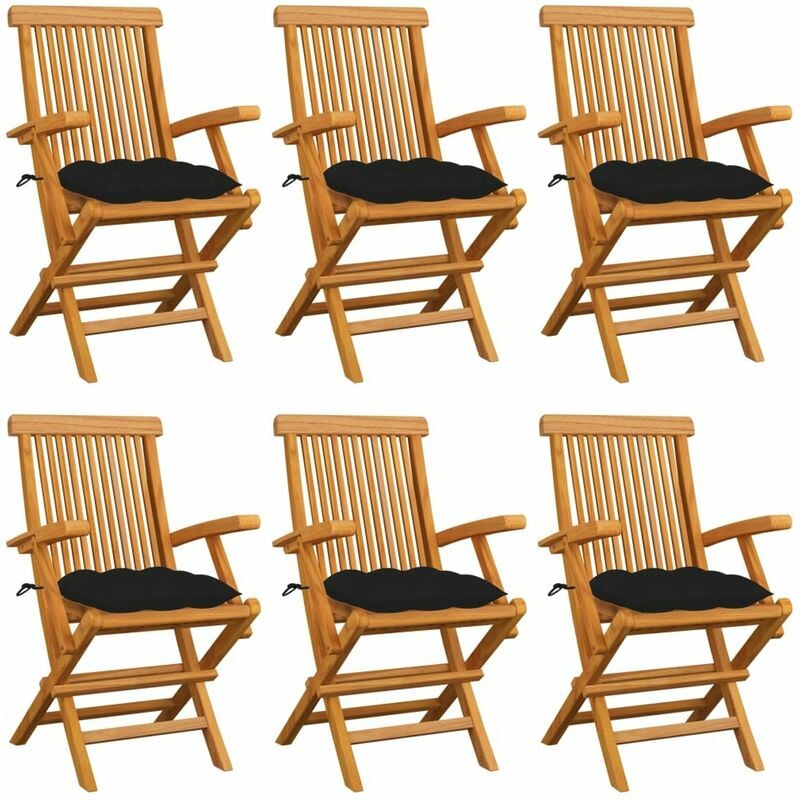 

Sillas de jardin 6 uds madera maciza de teca con cojines negros