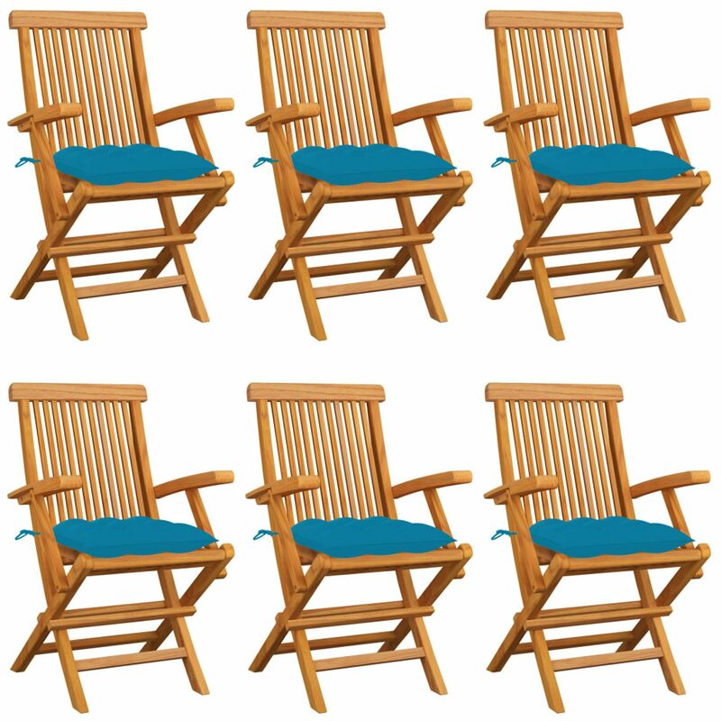

Sillas de jardin 6 uds madera maciza teca y cojines azul claro