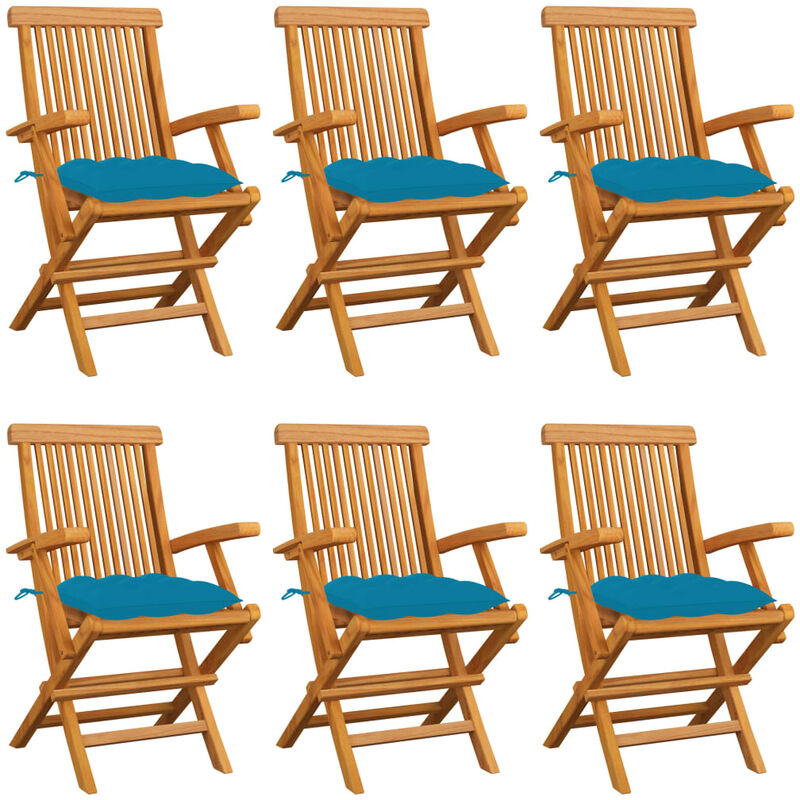 

Sillas de jardín 6 uds madera maciza teca y cojines azul claro