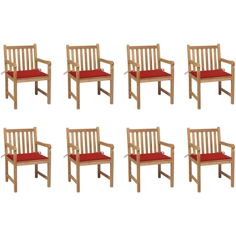 

Sillas de jardín 8 uds madera maciza de teca cojines rojos