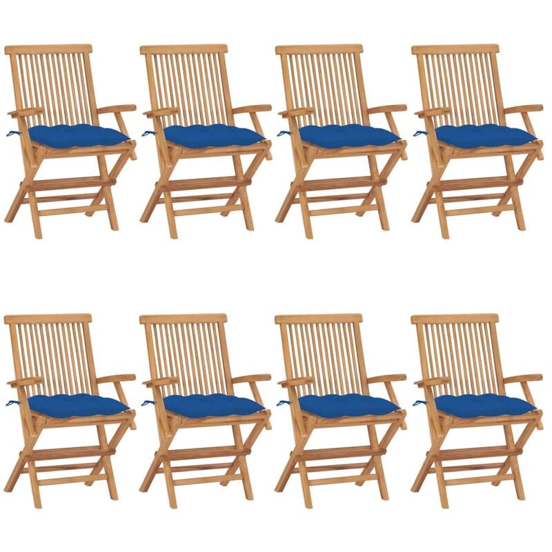 

Sillas de jardín 8 uds madera maciza de teca con cojines azules