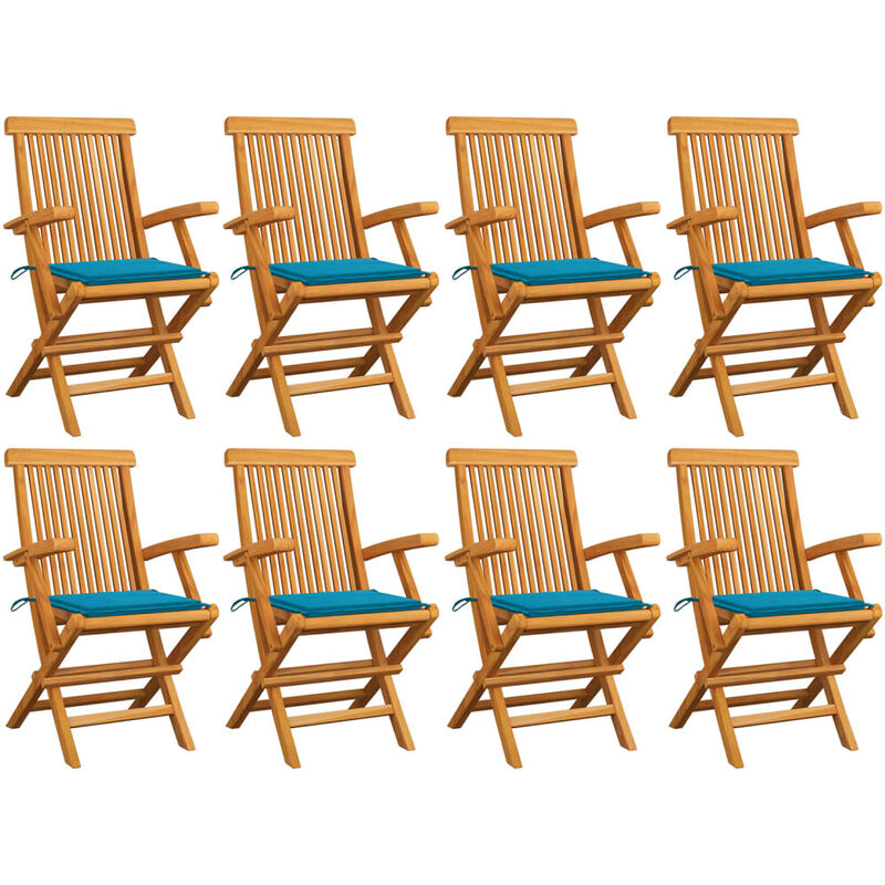 

Sillas de jardín 8 uds madera maciza de teca con cojines azules