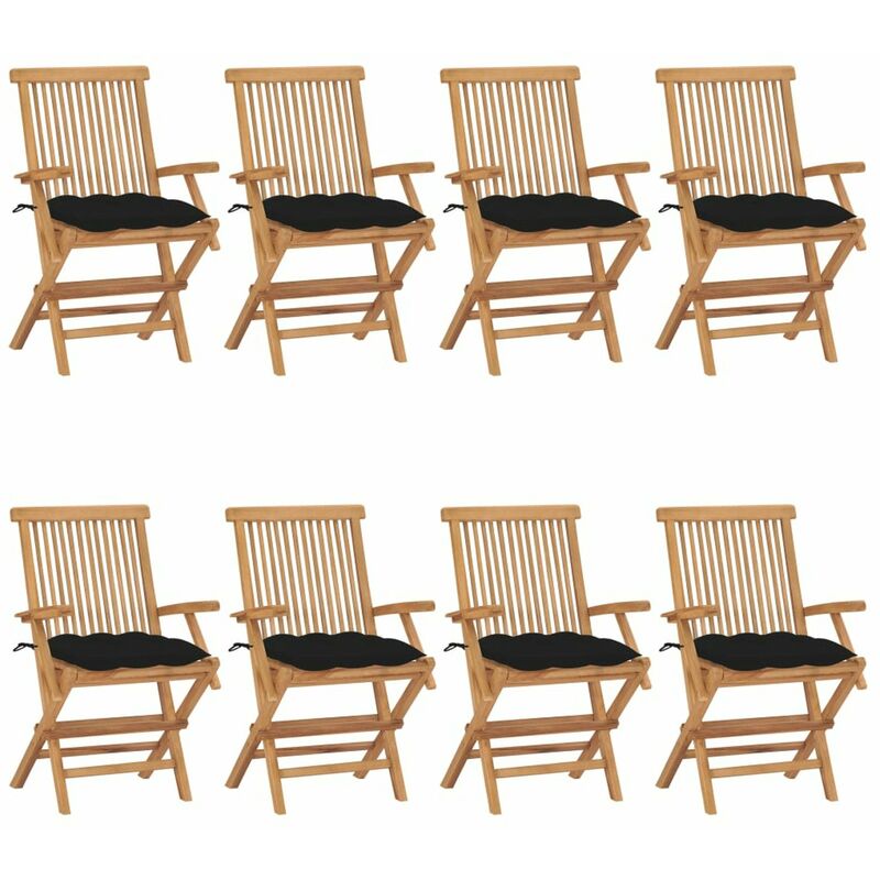 

Sillas de jardin 8 uds madera maciza de teca con cojines negros