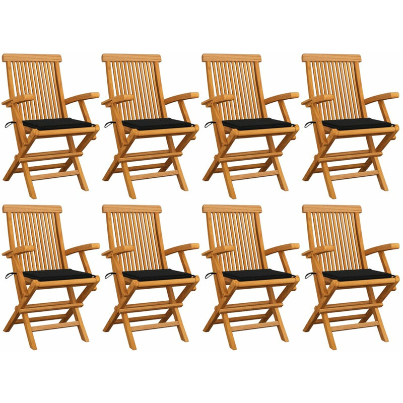 

Sillas de jardin 8 uds madera maciza de teca con cojines negros