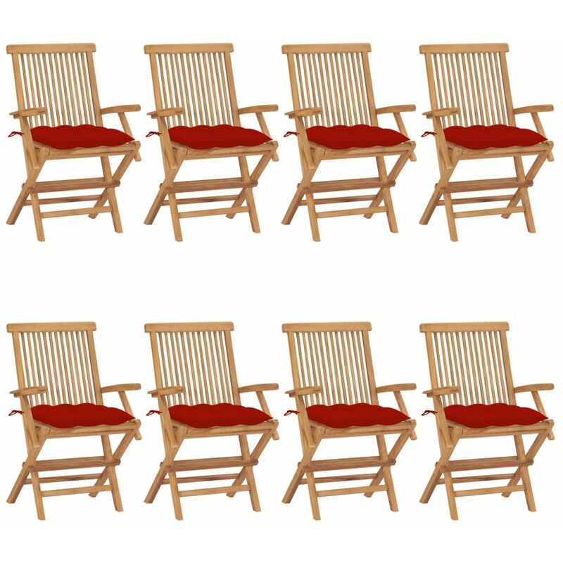 

Happyshopping - Sillas de jardin 8 uds madera maciza de teca con cojines rojos
