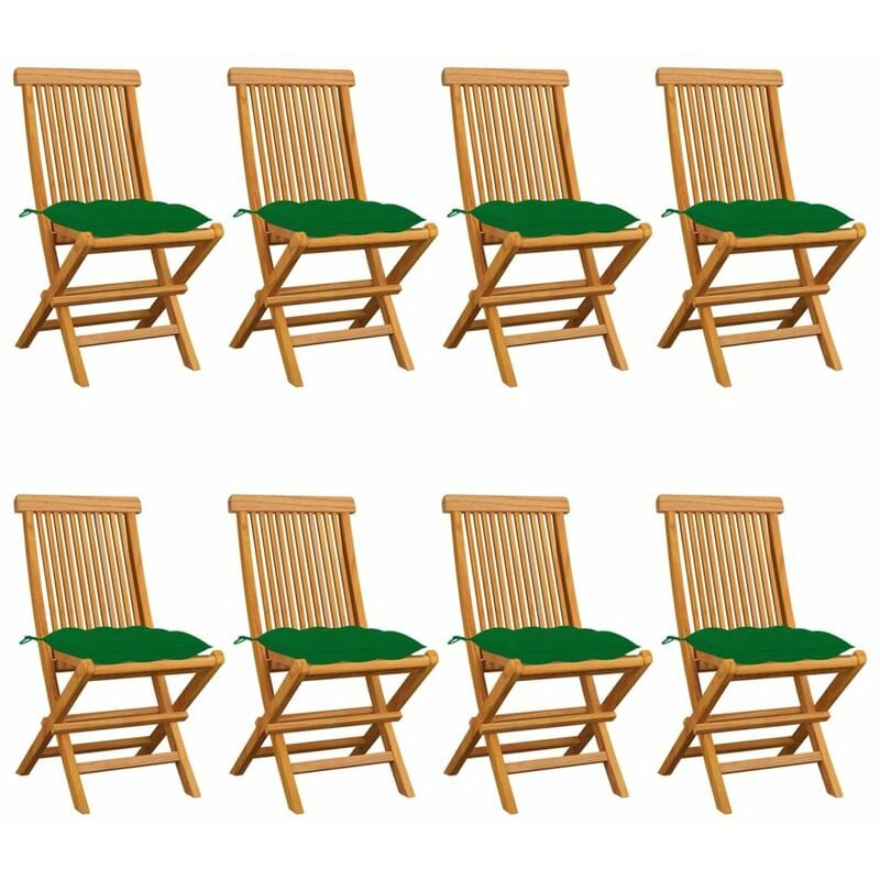 

Sillas de jardin 8 uds madera maciza de teca con cojines verdes