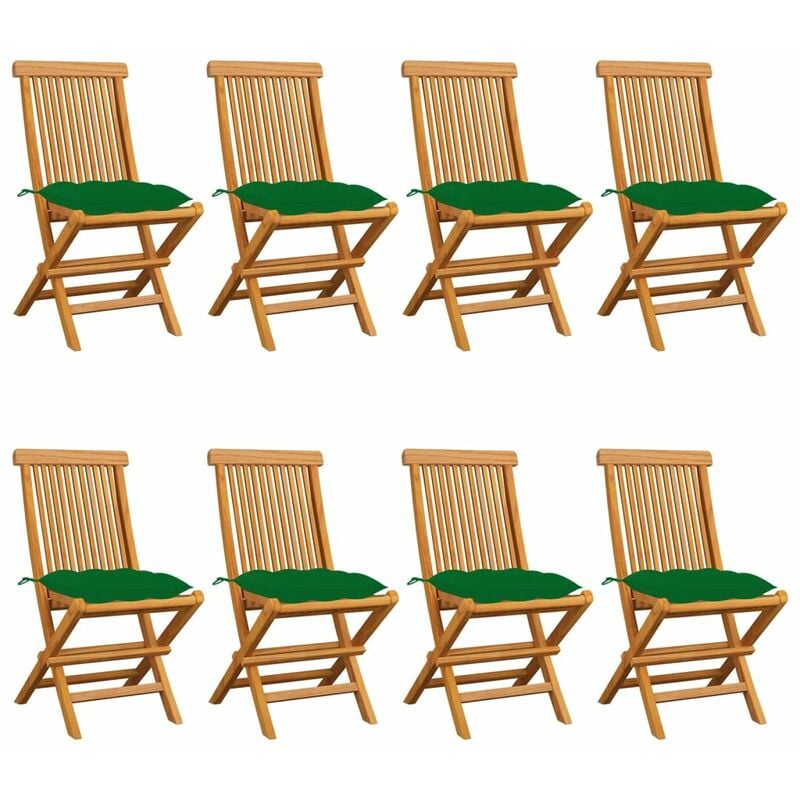 

Sillas de jardín 8 uds madera maciza de teca con cojines verdes