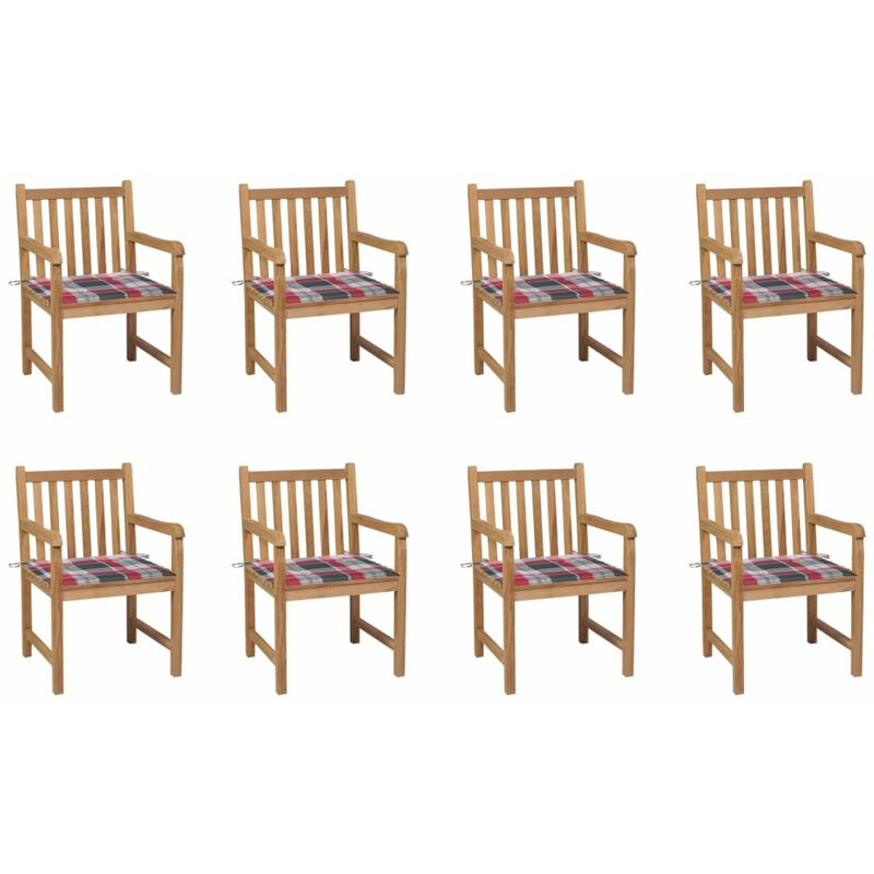 

Sillas de jardin 8 uds madera maciza teca cojines cuadros rojos