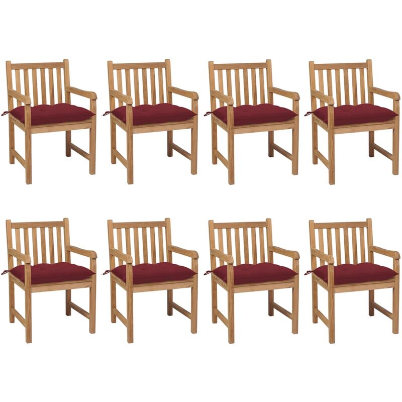 

Sillas de jardín 8 uds madera maciza teca cojines rojo tinto