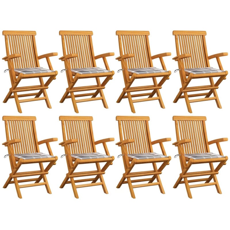 

Happyshopping - Sillas de jardin 8 uds teca maciza y cojines a cuadros grises