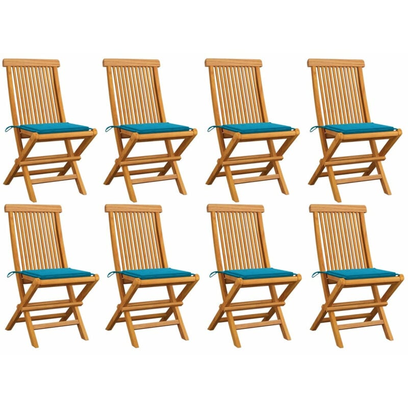 

Happyshopping - Sillas de jardin 8 unidades teca maciza con cojines azules
