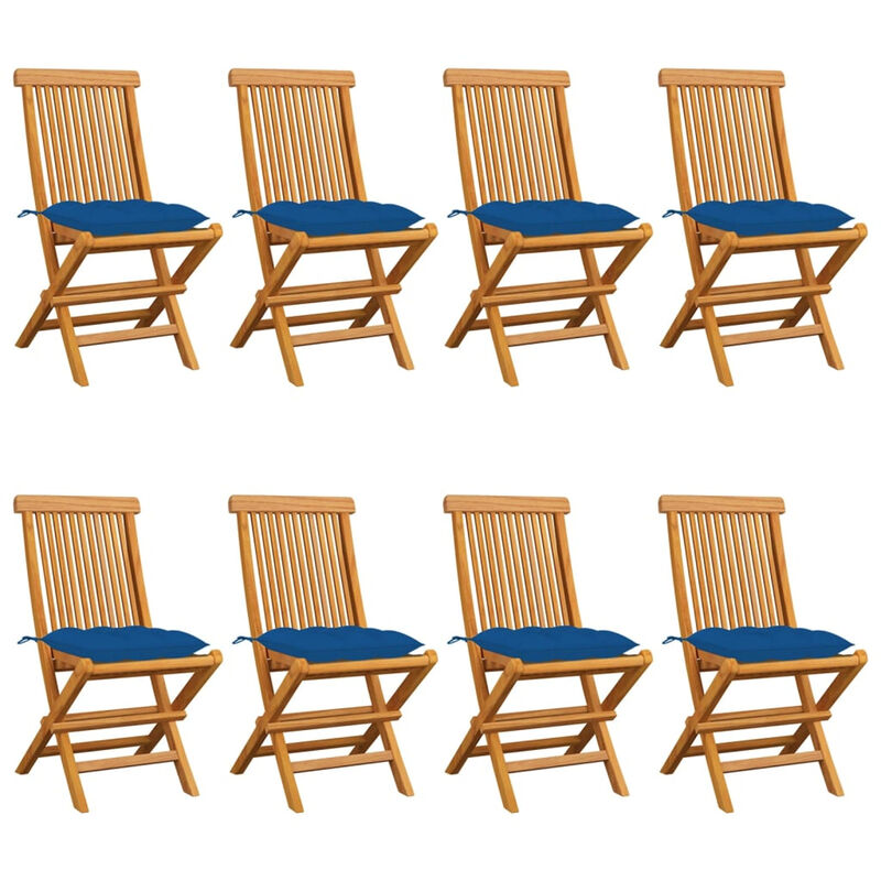 

Happyshopping - Sillas de jardin 8 unidades teca maciza con cojines azules