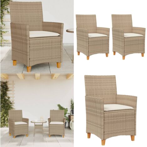 Sillas de jardín con cojín 2 uds ratán PE beige y madera acacia - Sillas de jardín con cojín - Sillas de jardín ratán PE
