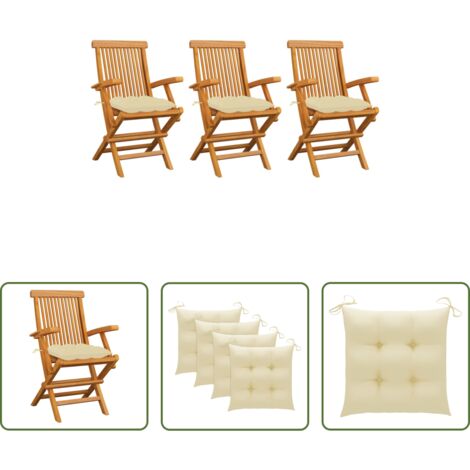 Sillas de jardín de madera - Sillas de jardín 3 uds madera teca con cojines crema blanco
