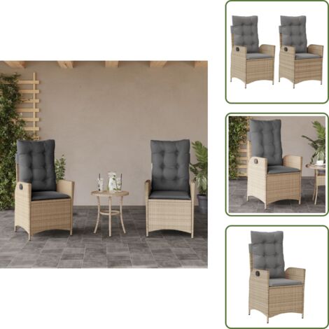 Sillas de jardín de ratán sintético - vidaXL Sillones reclinables jardín y cojines beige mix 2 uds ratán PE - Sillas de jardín con funda impermeable