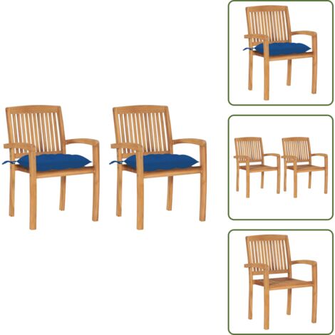 Sillas de jardín de teca - vidaXL Sillas de jardín 2 uds madera maciza de teca con cojines azules - Sillas de jardín con cojines