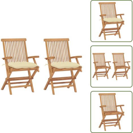 Sillas de jardín de teca - vidaXL Sillas de jardín 2 uds madera teca con cojines crema blanco - Sillas de jardín con cojines