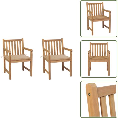 Sillas de jardín para exteriores - vidaXL Sillas de jardín 2 uds madera maciza de teca con cojines beige - Sillas de jardín de madera