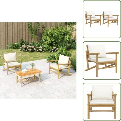 Sillas de jardín para exteriores - vidaXL Sillas de jardín de bambú 2 unidades con cojines blanco crema - Sillas de jardín blancas