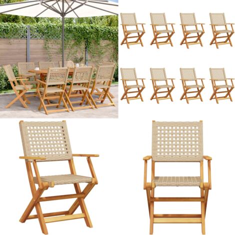 Sillas de jardín plegables 8 uds madera maciza y ratán PE beige - Sillas de jardín - Sillas de exterior