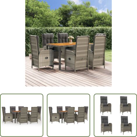 Sillas de jardín reclinables -  Set comedor jardín 7 pzas y cojines ratán sintético gris