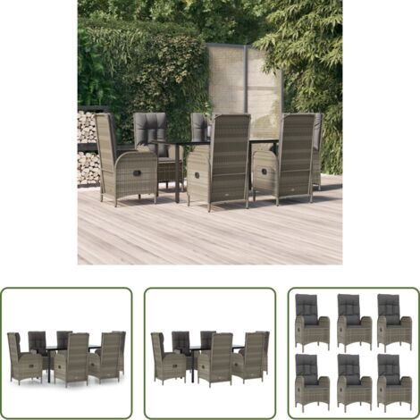 Sillas de jardín reclinables -  Set comedor jardín 7 pzas y cojines ratán sintético negro gris