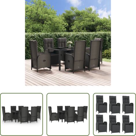 Sillas de jardín reclinables -  Set comedor jardín 7 pzas y cojines ratán sintético negro gris
