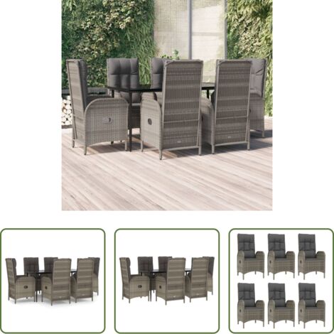 Sillas de jardín reclinables -  Set comedor jardín 7 pzas y cojines ratán sintético negro gris