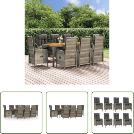 Sillas de jardín reclinables -  Set comedor jardín 9 pzas y cojines ratán sintético gris