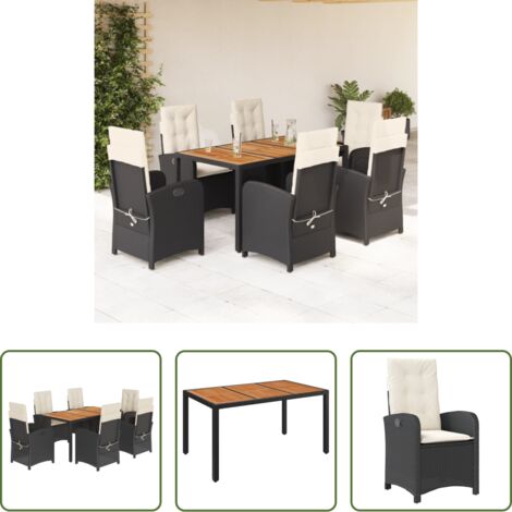Sillas de jardín reclinables -  Set de comedor de jardín 7 pzas y cojines ratán sintético negro