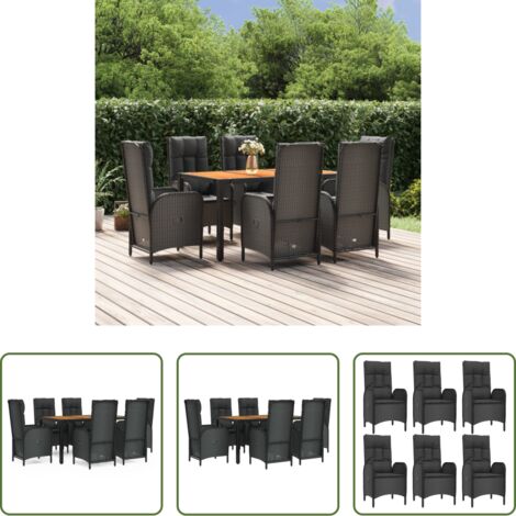 Sillas de jardín reclinables -  Set de comedor de jardín 7 pzas y cojines ratán sintético negro