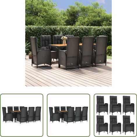 Sillas de jardín reclinables -  Set de comedor de jardín 9 pzas y cojines ratán sintético negro