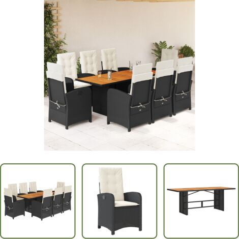 Sillas de jardín reclinables -  Set de comedor de jardín 9 pzas y cojines ratán sintético negro