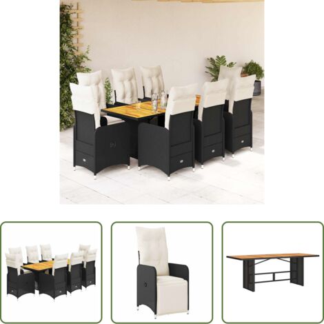 Sillas de jardín reclinables -  Set de mesa y sillas de jardín 9 pzas y cojines ratán PE negro